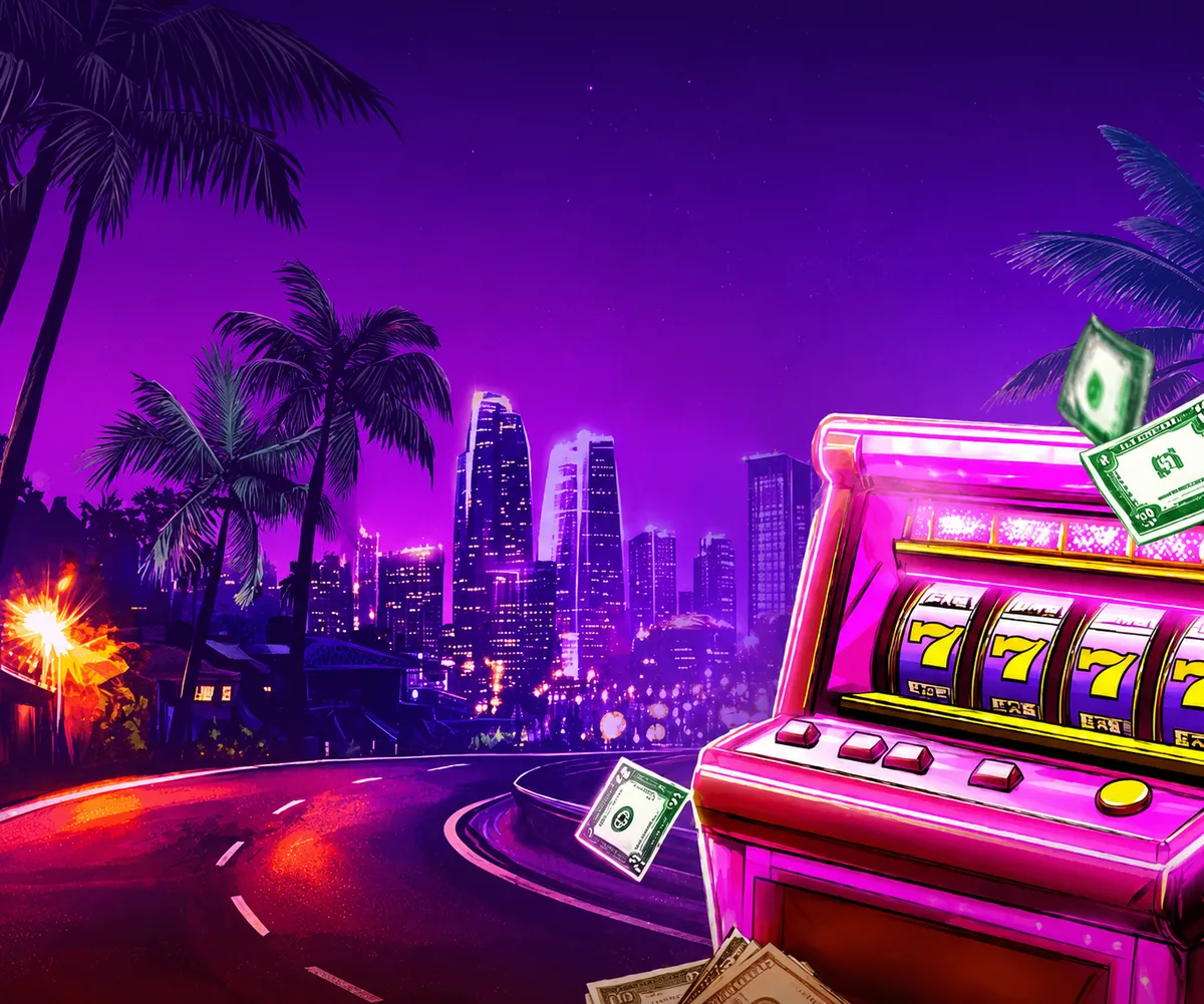 Glanzende gokkast met neonlichten voor een paarse Miami-skyline bij SlotRush