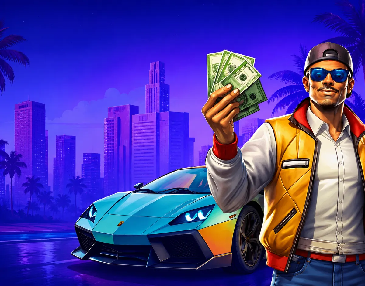 SlotRush speler met cash en een sportwagen in een Miami-skyline