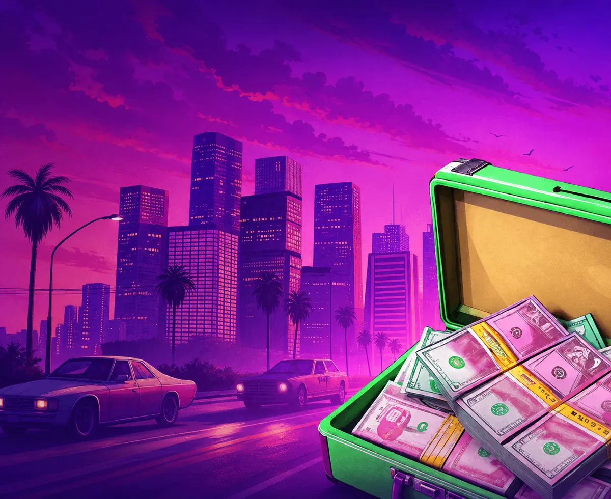 Geldkoffer vol biljetten voor een paarse Miami-skyline