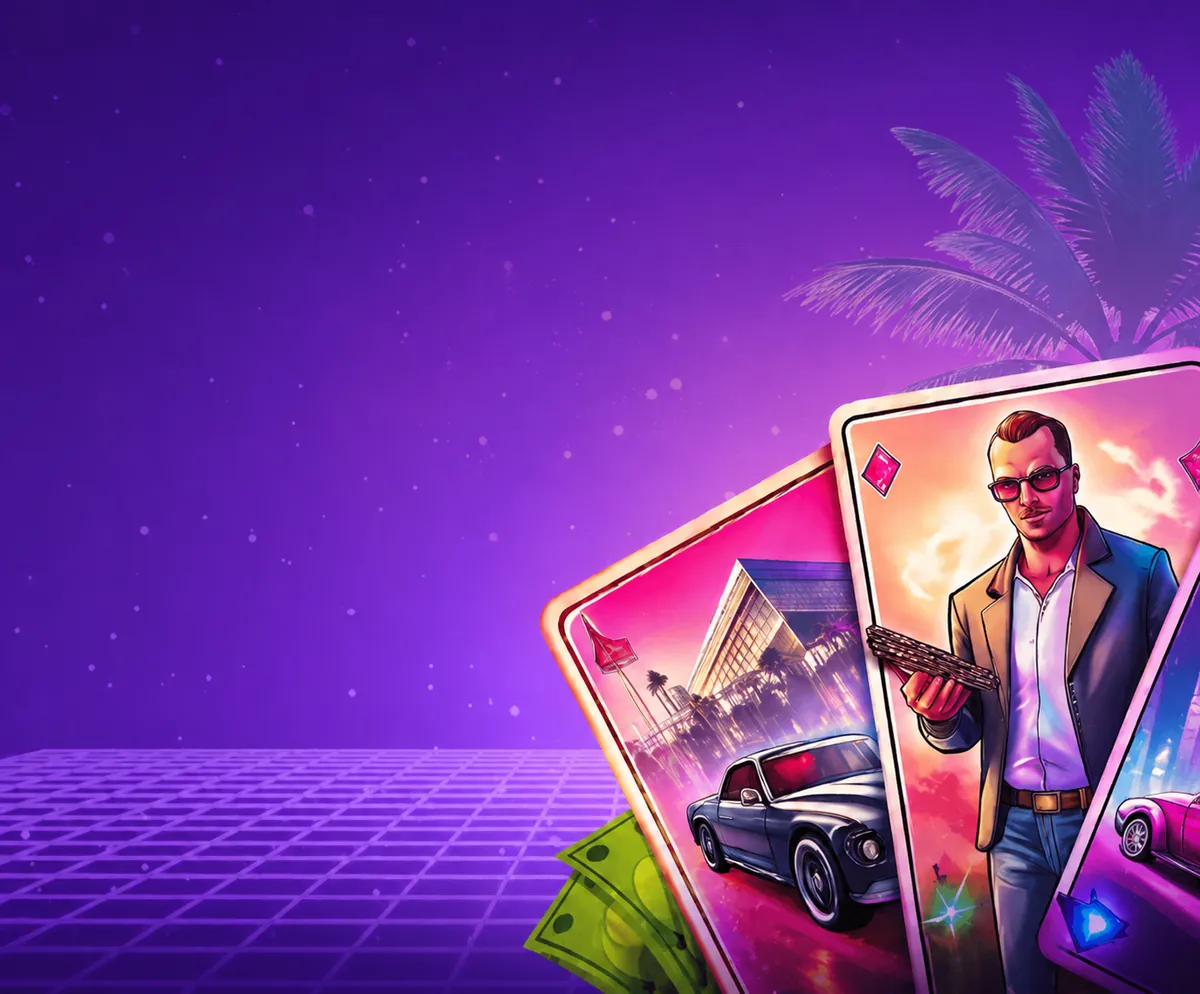 Live tafelspellen bij SlotRush: speelkaarten en casinochips met een man en een sportwagen in een Miami-skyline