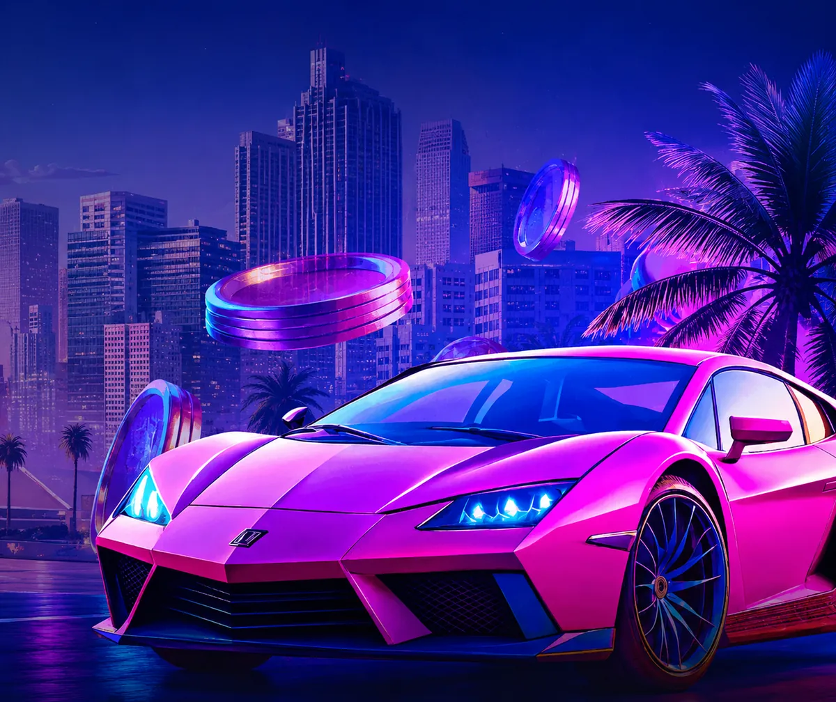 Speler in Miami-stijl naast een roze Lamborghini onder een neon nachthemel
