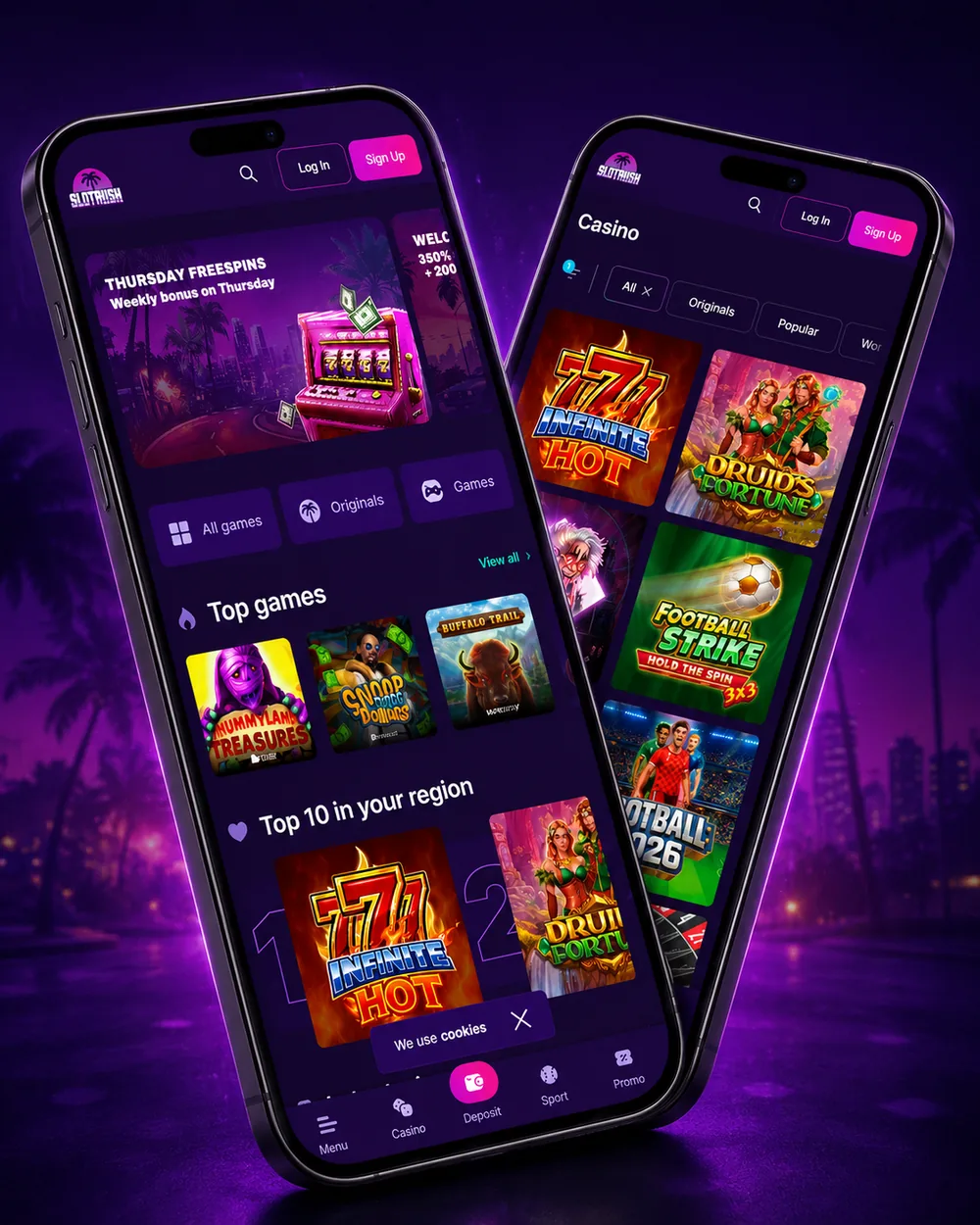 Twee telefoons met de SlotRush casino-app: lobby en spellenoverzicht
